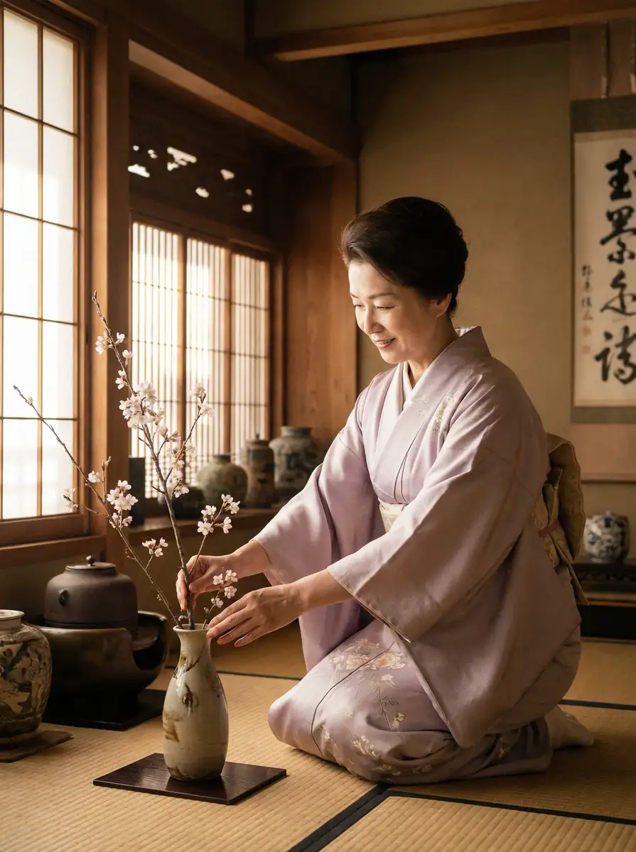 一位优雅的 亚博体育盛世平台 在和室中插花